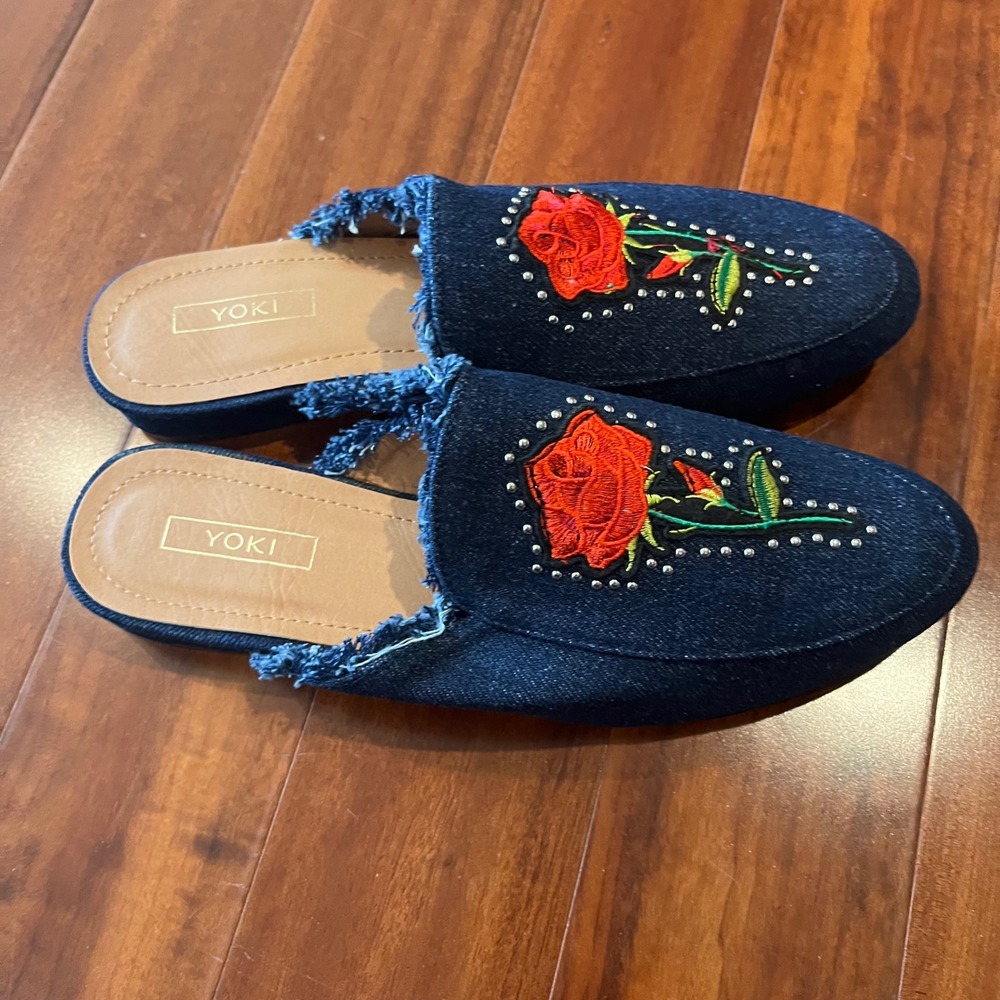 Denim Mule Shoes Rose Embroidered Studs Yoki Willas-71 Dark Blue New Size 9 - Picture 4 of 9